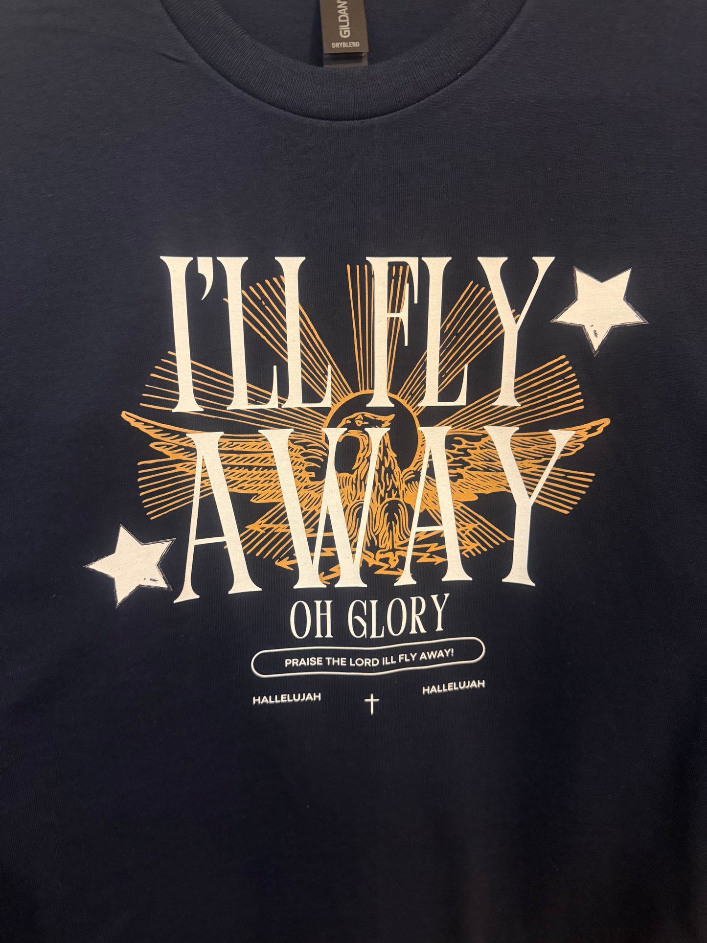 I'll Fly Away on navy blue t-shirt Medium