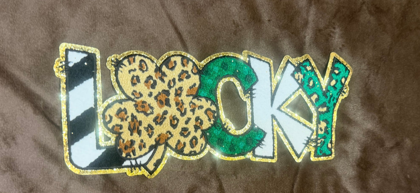 LUCKY chenille patch on crewneck sweatshirt