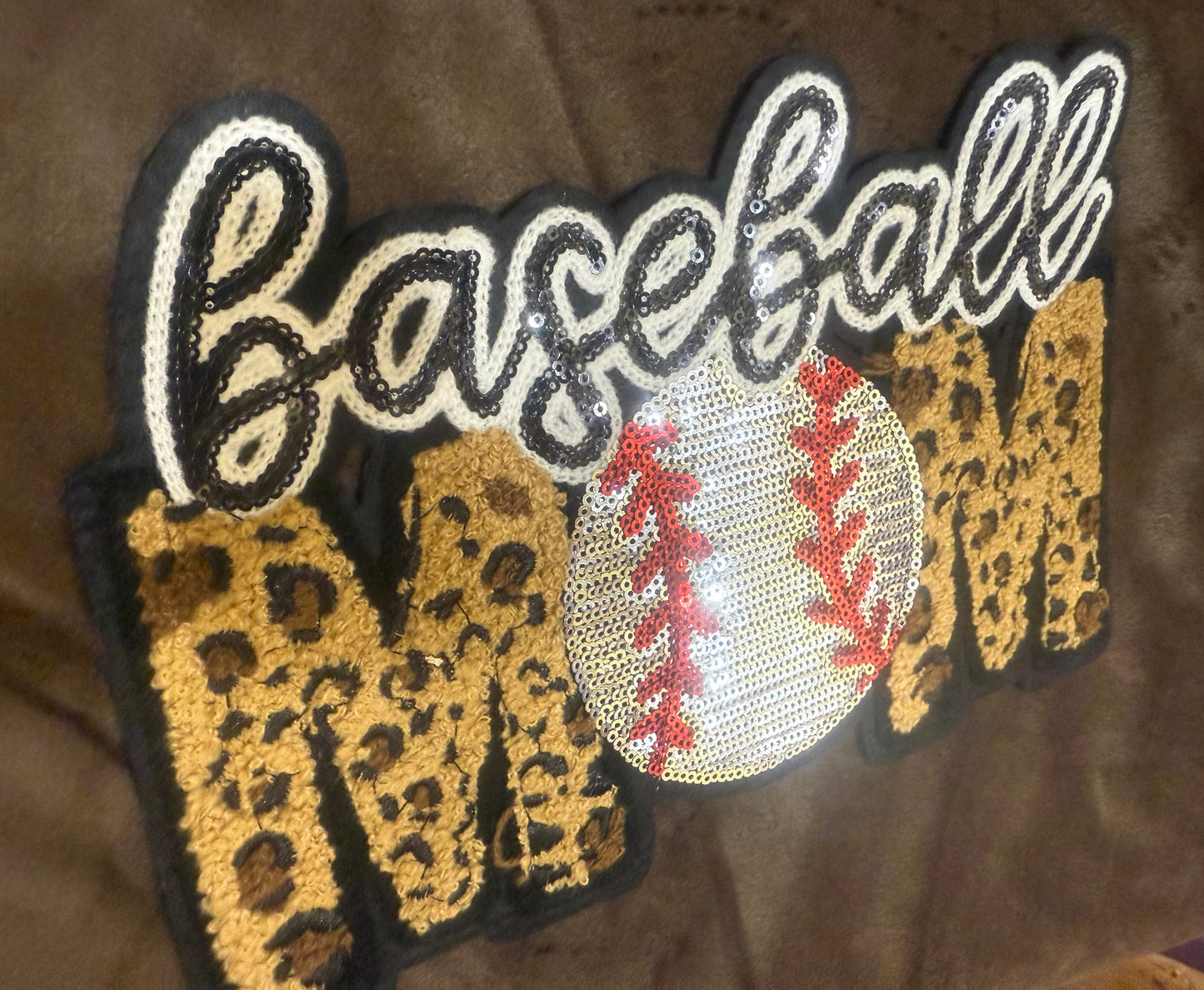 BASEBALL MOM chenille/sparkle patch on crewneck sweatshirt
