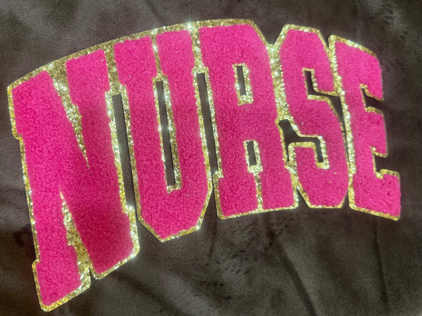NURSE chenille patch on crewneck sweatshirt