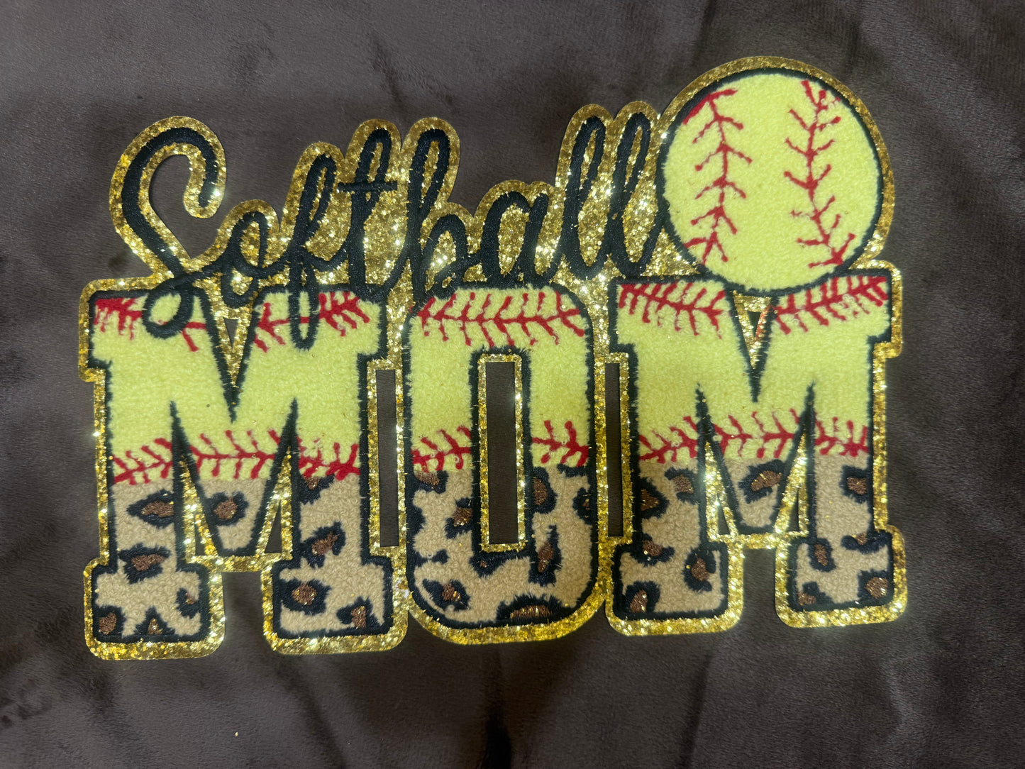 SOFTBALL MOM chenille patch on crewneck sweatshirt