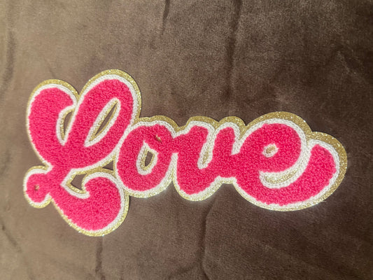 LOVE chenille patch on t-shirt