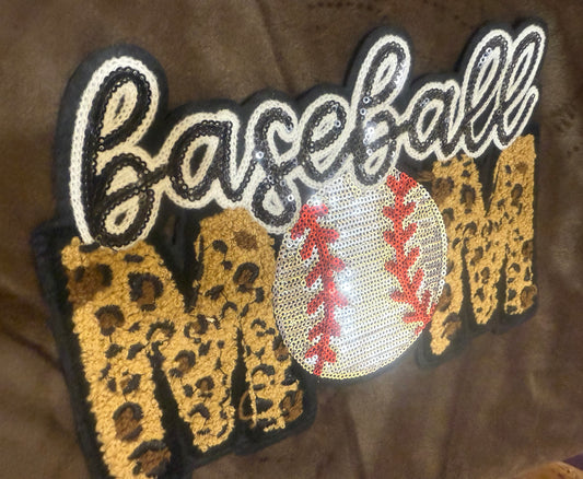 BASEBALL MOM chenille/sparkle patch on crewneck sweatshirt