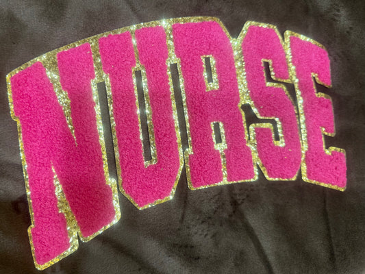 NURSE chenille patch on crewneck sweatshirt