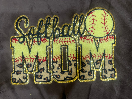SOFTBALL MOM chenille patch on t-shirt