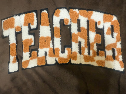 TEACHER brown/white chenille patch crewneck sweatshirt