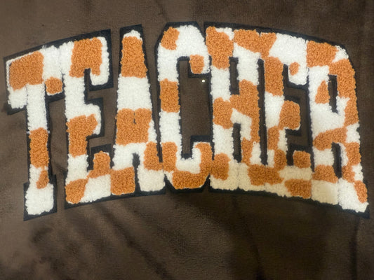 TEACHER brown/white chenille patch crewneck sweatshirt