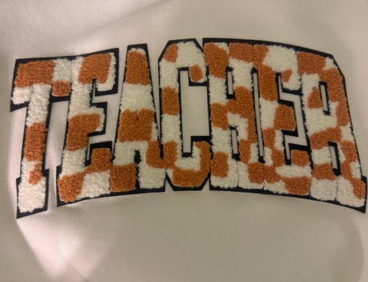 TEACHER brown/white chenille patch crewneck sweatshirt
