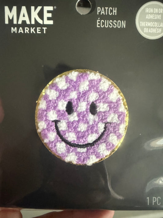 Purple and white smiley face chenille patch crewneck sweatshirt